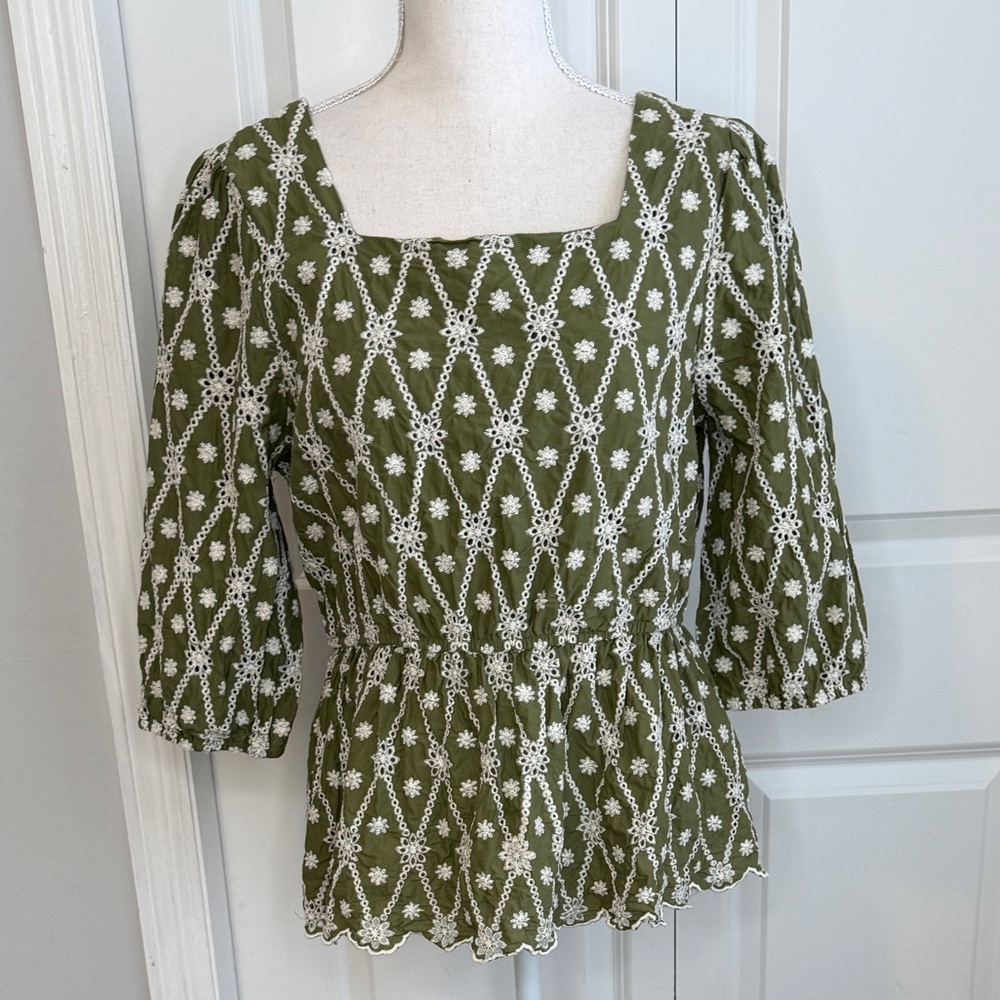 Hayden Olive Green White Eisley Floral Eyelet Peplum Blouse Embroidered Fall